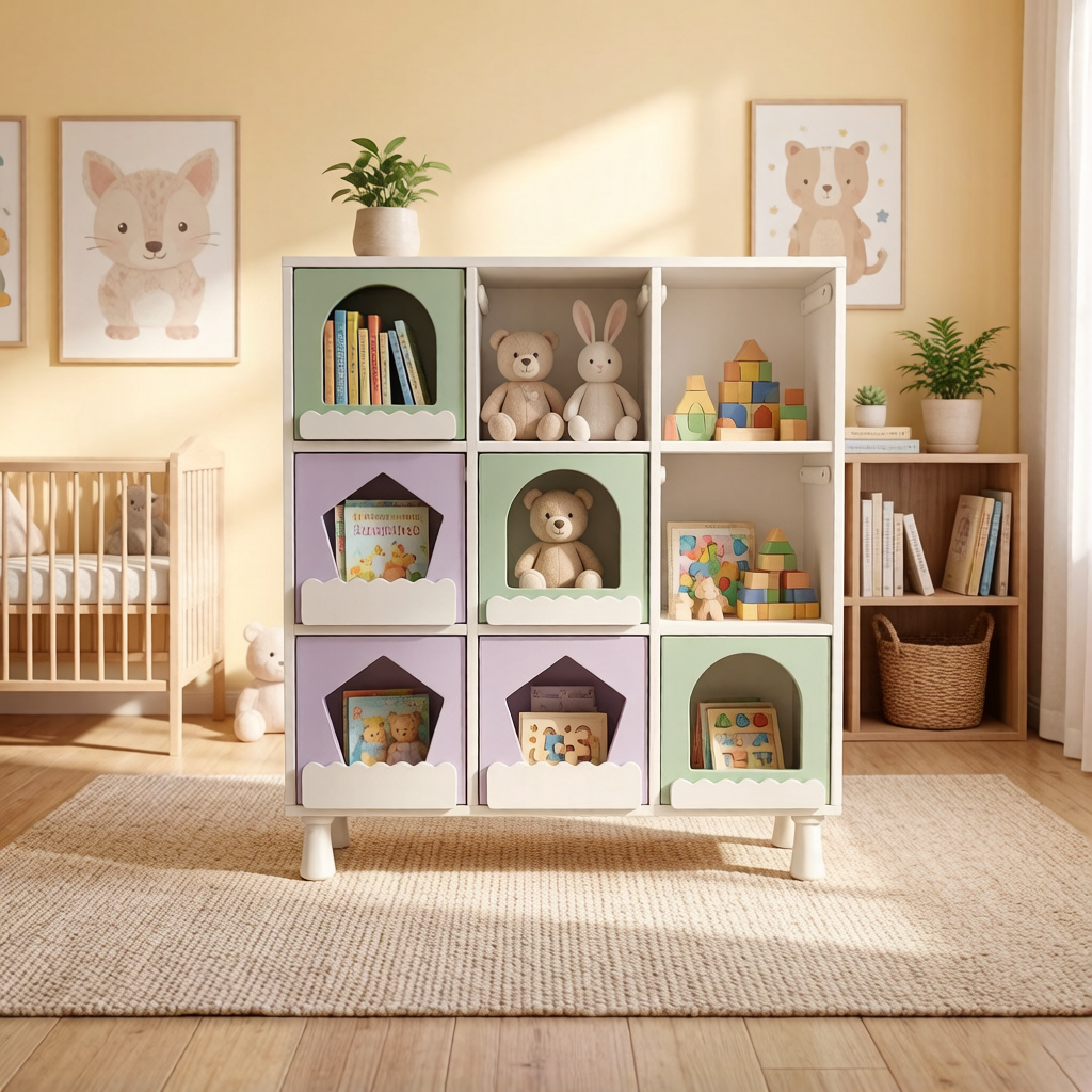 Dynamite 9 Cubby Kids Toy Storage Cabinet Pastel Color House Cutout Children Book Organizer