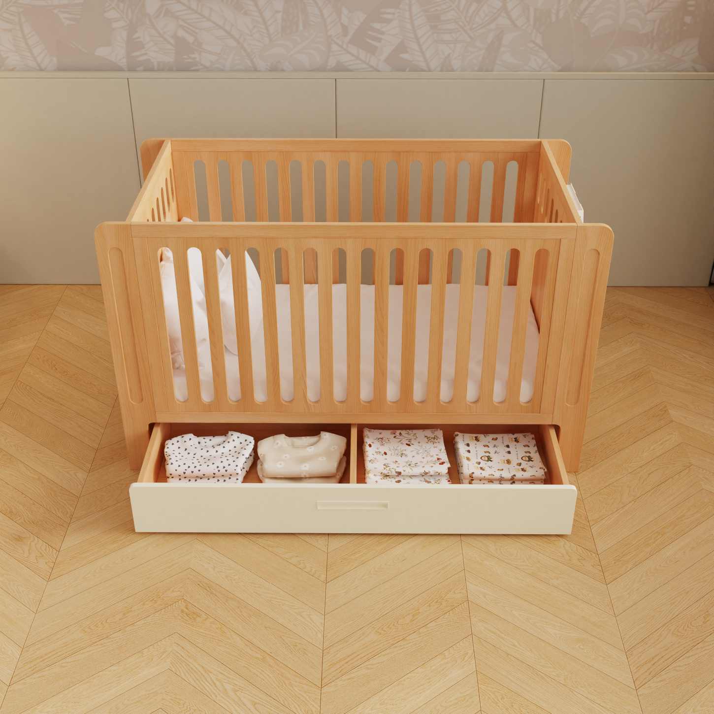 Dynamite Natural Solid Wood Baby Crib With Under Bed Storage Drawer Rounded Slat Nursery Cot