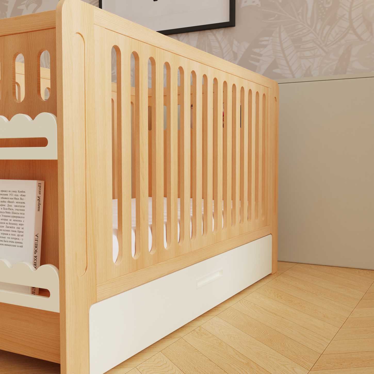 Dynamite Natural Solid Wood Baby Crib With Under Bed Storage Drawer Rounded Slat Nursery Cot