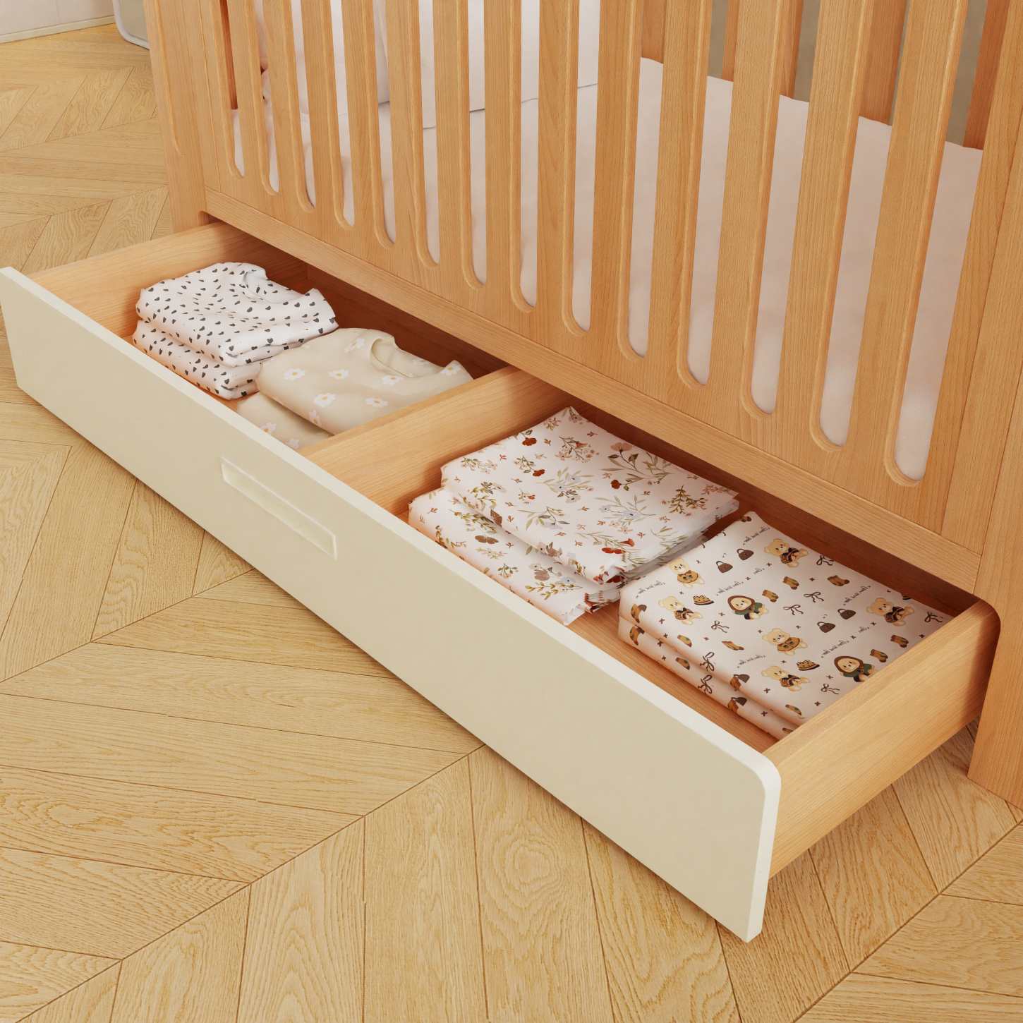 Dynamite Natural Solid Wood Baby Crib With Under Bed Storage Drawer Rounded Slat Nursery Cot