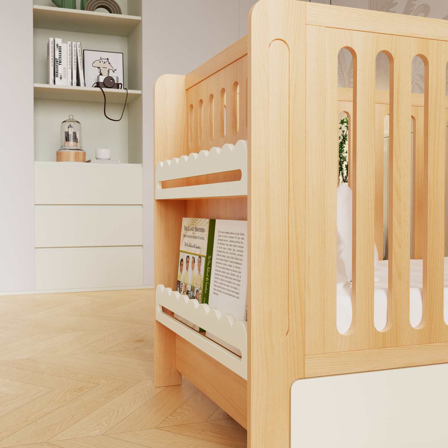 Dynamite Natural Solid Wood Baby Crib With Under Bed Storage Drawer Rounded Slat Nursery Cot