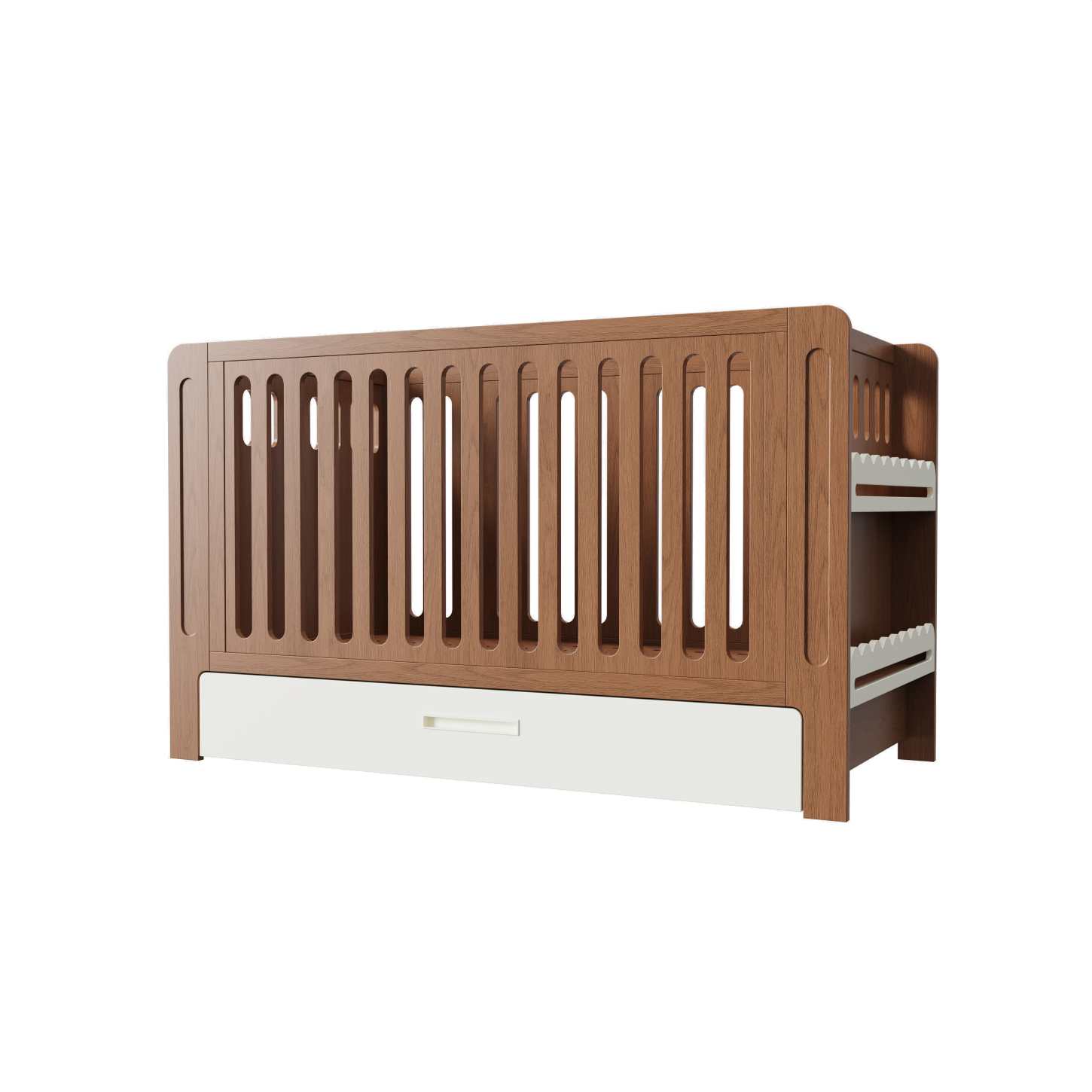 Dynamite Natural Solid Wood Baby Crib With Under Bed Storage Drawer Rounded Slat Nursery Cot