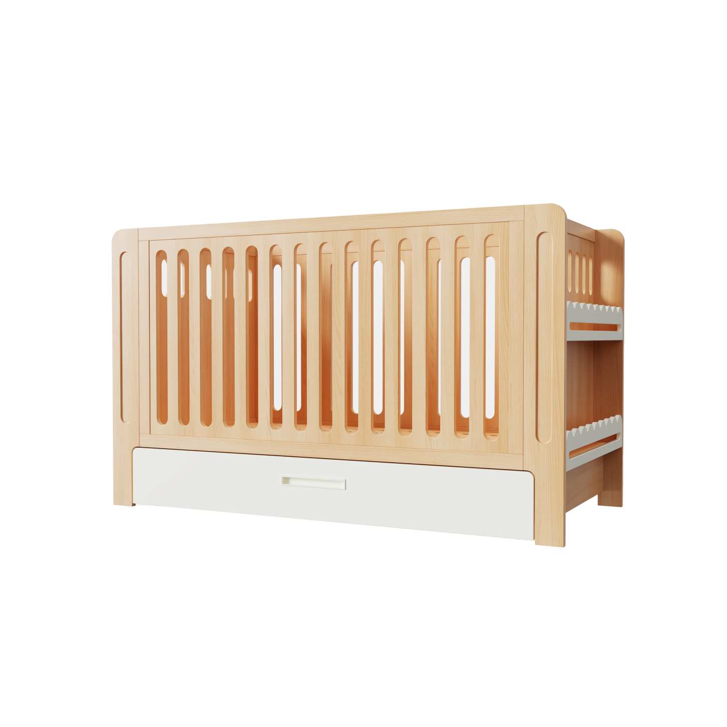 Dynamite Natural Solid Wood Baby Crib With Under Bed Storage Drawer Rounded Slat Nursery Cot