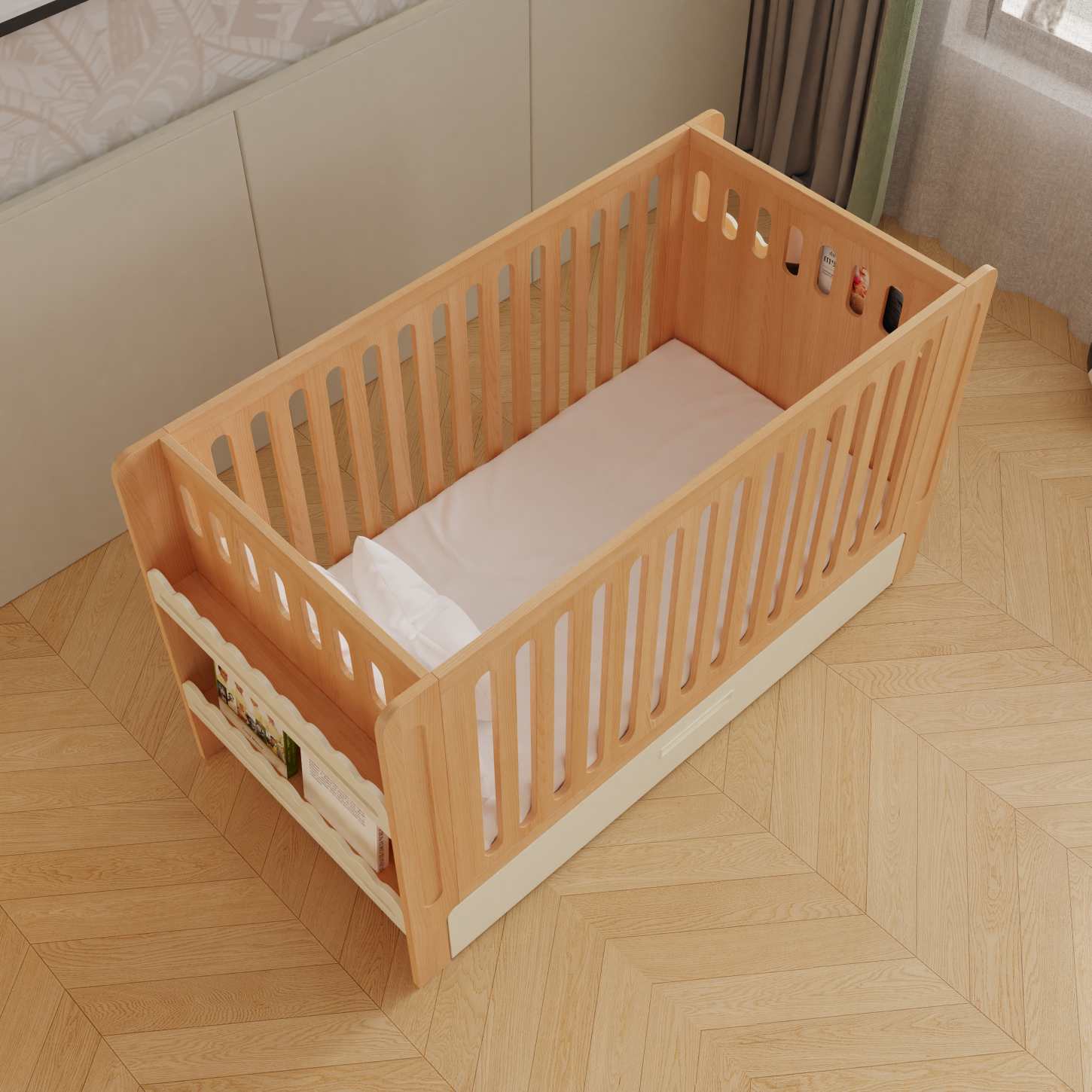 Dynamite Natural Solid Wood Baby Crib With Under Bed Storage Drawer Rounded Slat Nursery Cot