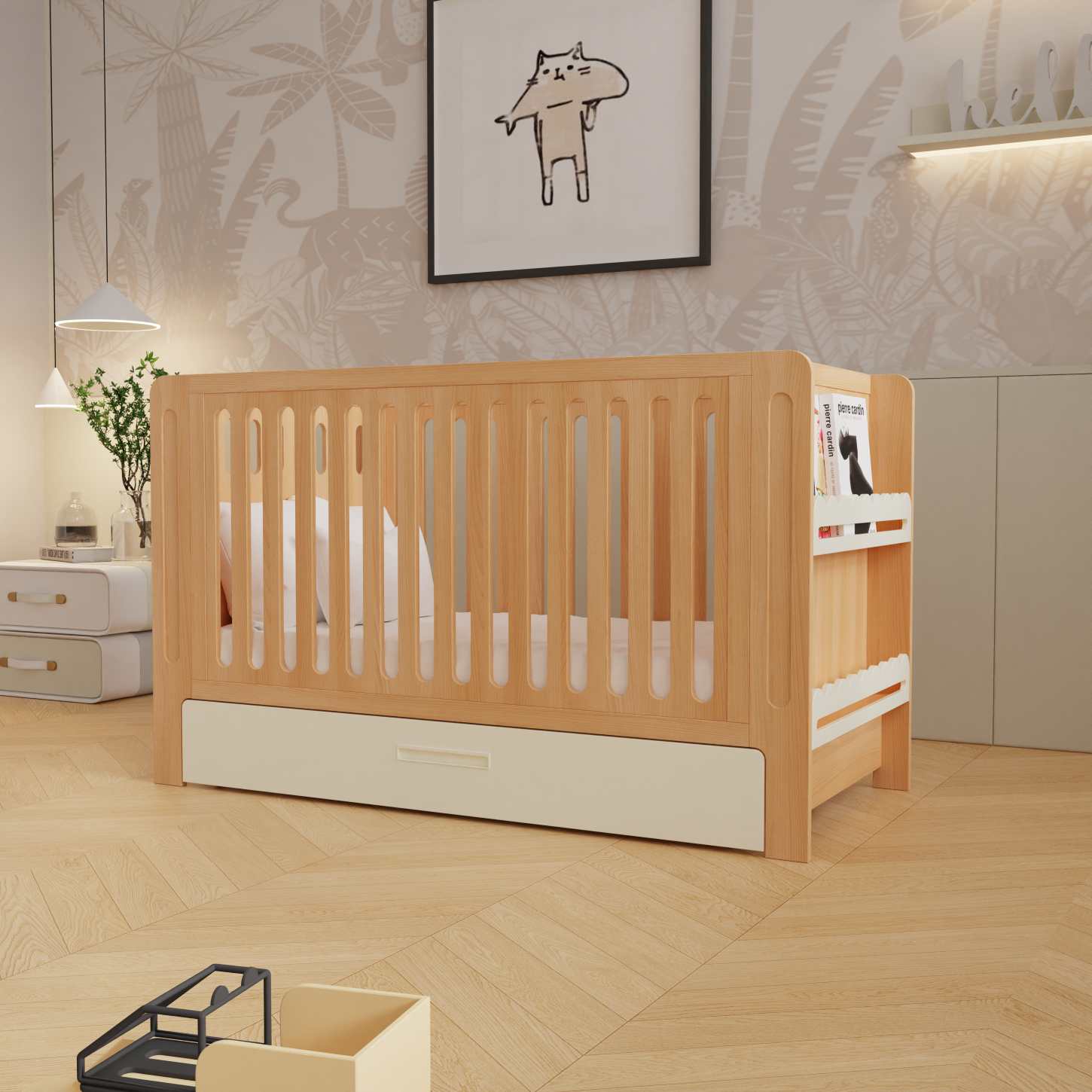 Dynamite Natural Solid Wood Baby Crib With Under Bed Storage Drawer Rounded Slat Nursery Cot