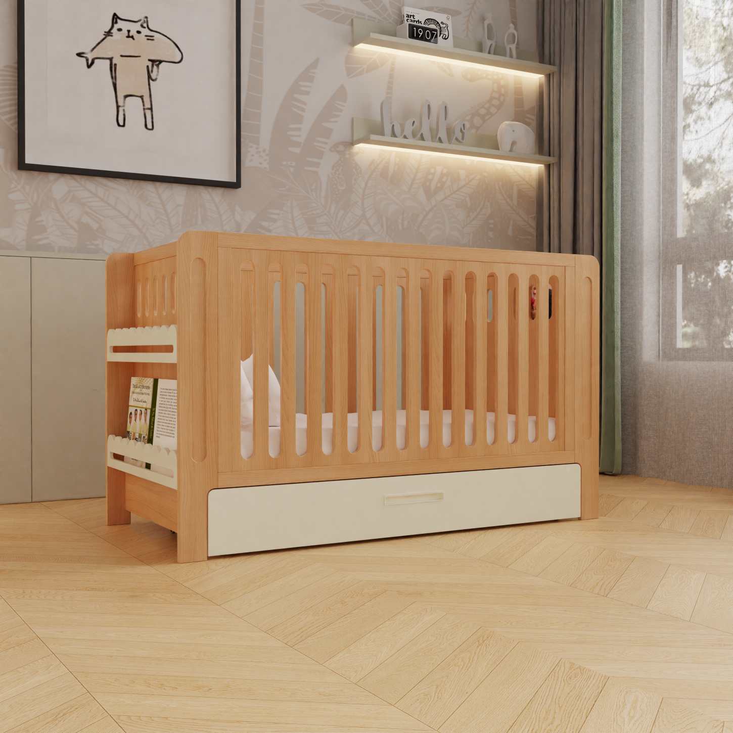 Dynamite Natural Solid Wood Baby Crib With Under Bed Storage Drawer Rounded Slat Nursery Cot